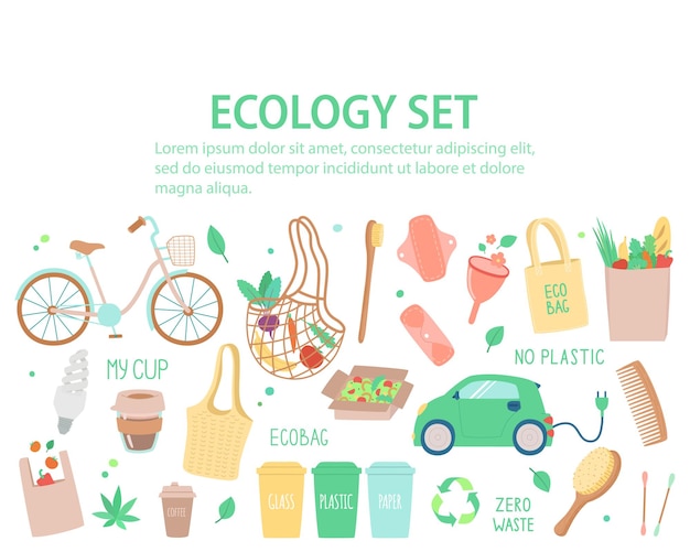 Vector conjunto de objetos sobre el tema de la ecología, banner con espacio de copia. Plantilla en estilo dibujado a mano para sitios web, publicidad y folletos.