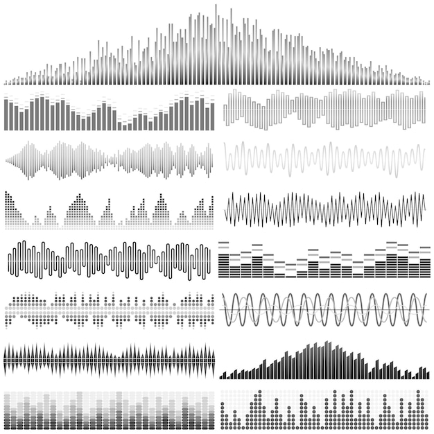 Vector conjunto de ondas sonoras. Ecualizador de audio. Ondas de sonido y audio aisladas sobre fondo blanco.
