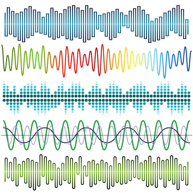Vector vector conjunto de ondas sonoras. ecualizador de audio. ondas de sonido y audio aisladas sobre fondo blanco.
