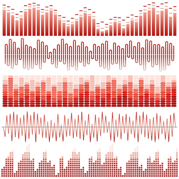 Vector vector conjunto de ondas sonoras rojas. ecualizador de audio. ondas de sonido y audio aisladas sobre fondo blanco.