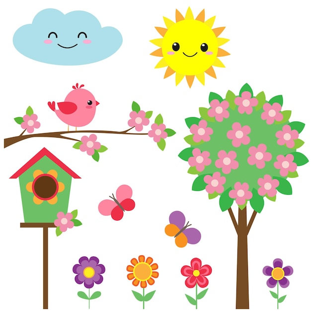 Vector conjunto de pájaros, flores, mariposas y árboles florecientes
