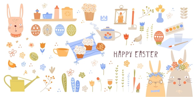 Vector Conjunto de Pascua con lindos conejitos pollos y huevos en estilo de dibujos animados Cesta de huevos de Pascua con jarrón de flores Guirnalda de pastel lindo conejito Aislado en blanco Ilustración de niños Elementos de decoración