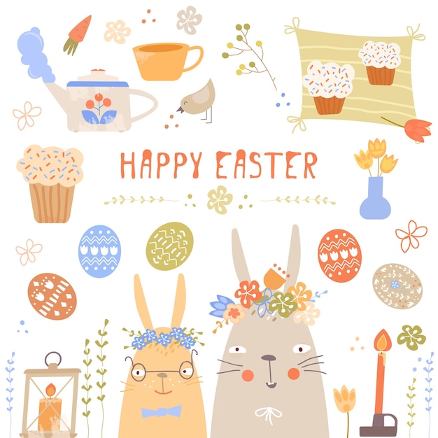 Vector conjunto de pascua con lindos conejitos pollos y huevos en estilo de dibujos animados cesta de huevos de pascua con jarrón de flores guirnalda de pastel lindo conejito aislado en blanco ilustración de niños elementos de decoración