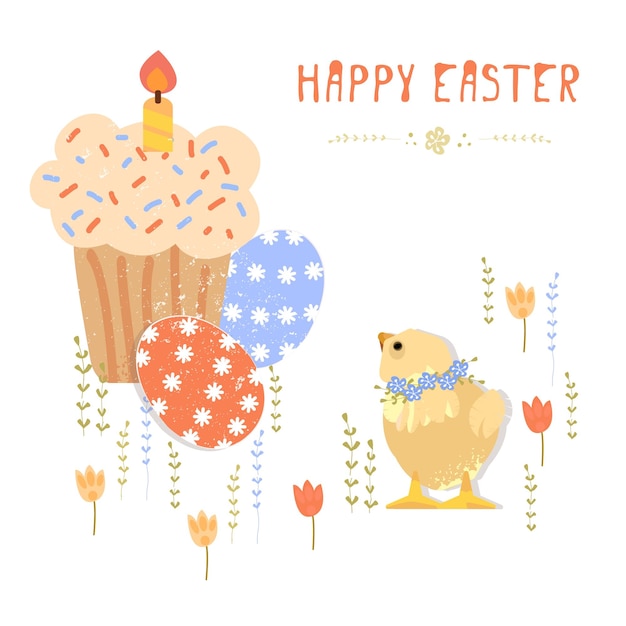 Vector conjunto de pascua con lindos pollos y huevos en estilo de dibujos animados huevos de pascua corona de pastel aislado en blanco ilustración de niños elementos de decoración