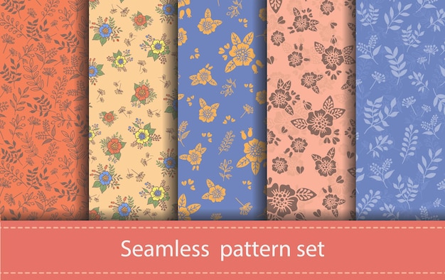 Vector conjunto de patrones florales sin fisuras. Flores decorativas y elementos de diseño para textiles, cubiertas de libros, fabricación, invitaciones, tarjetas de felicitación, impresión, papel de regalo.