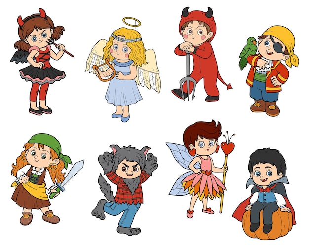 Vector conjunto de pegatinas coloridas de personajes de halloween para niños con niños en disfraces de carnaval