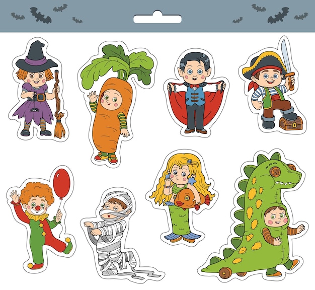 Vector conjunto de pegatinas de dibujos animados de color de personajes de niños de halloween con niños en disfraces de carnaval