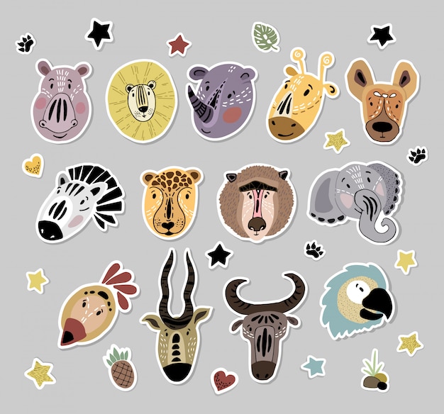 Vector conjunto de pegatinas con lindos dibujos animados animales africanos caras