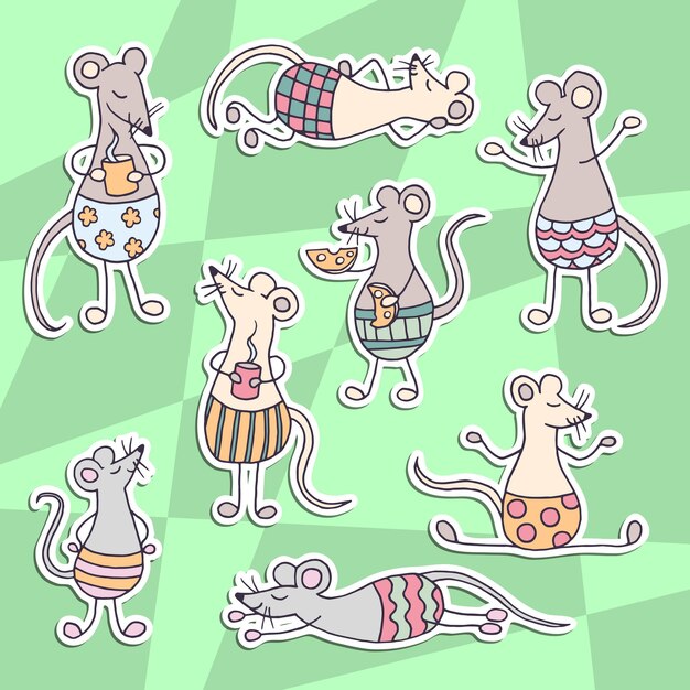 Vector conjunto de pegatinas con ratas lindas divertidos dibujos animados, para diseño y decoración