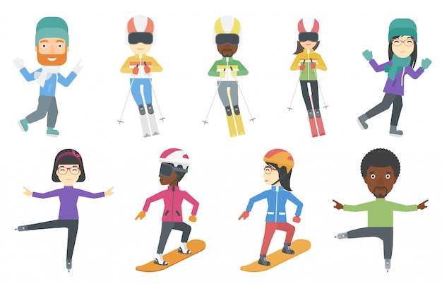 Vector conjunto de personajes de deporte de invierno.