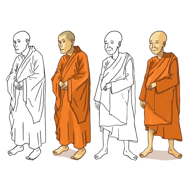 Vector conjunto de personajes de monje budista sobre fondo blanco