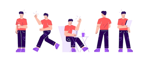 Vector conjunto de personajes de negocios poses y acciones. Un apuesto hombre de negocios con barba de pie con los brazos cruzados, hablando por teléfono, encogiéndose de hombros, levantando su dedo.