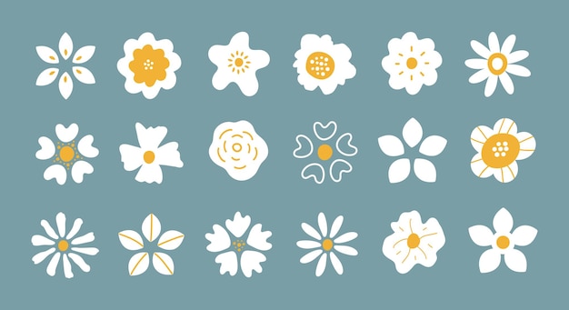 Vector conjunto de pétalos de flores blancas dibujadas a mano simple aislado sobre fondo azul