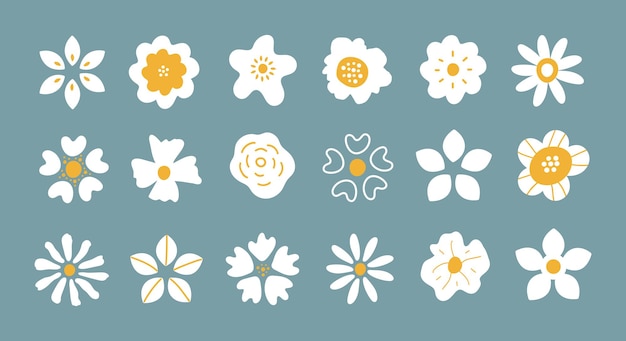 Vector conjunto de pétalos de flores blancas dibujadas a mano simple aislado sobre fondo azul