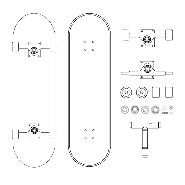 Vector conjunto de piezas de patineta aislado sobre fondo blanco.