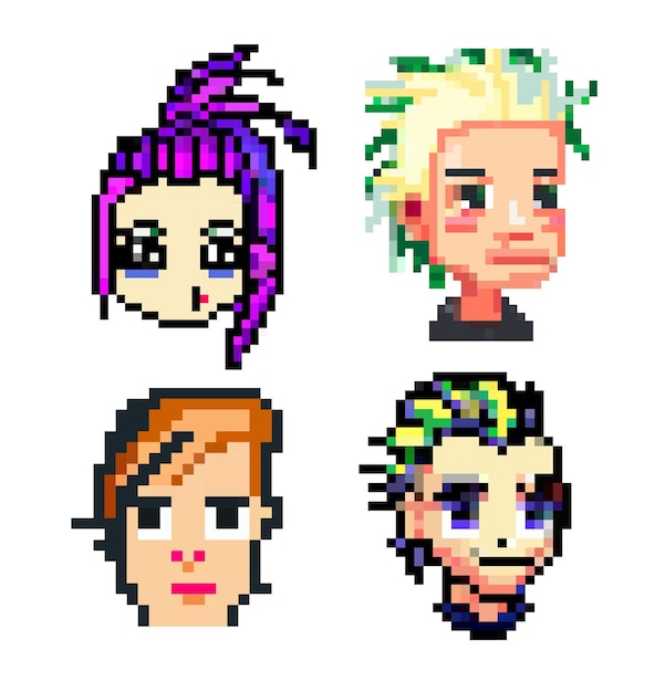 Vector conjunto de pixel punk cabezas de personas con diferentes colores de cabello