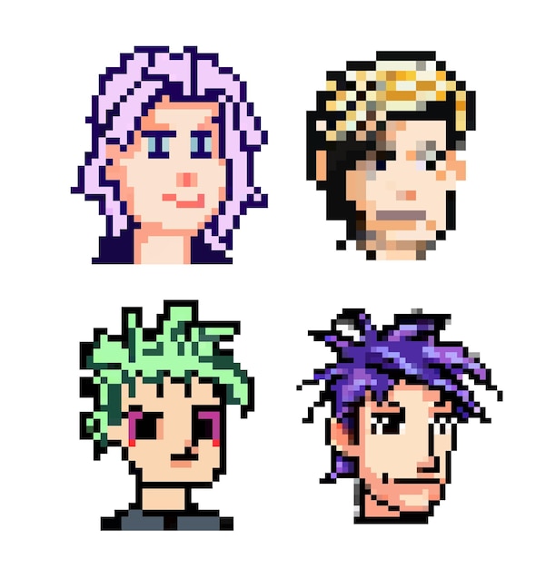 Vector conjunto de pixel punk cabezas de personas con diferentes colores de cabello