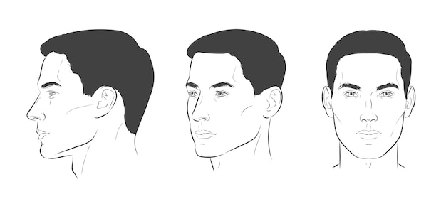 Vector vector conjunto de retrato de cara de hombre tres ángulos diferentes y giros de una cabeza masculina boceto de línea de cierre vista diferente perfil frontal tres cuartos de un niño