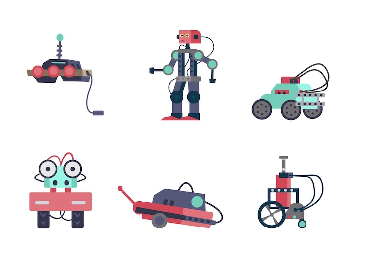 Vector vector conjunto de robots y mecanismos. robótica y programación para niños. aislado en blanco.