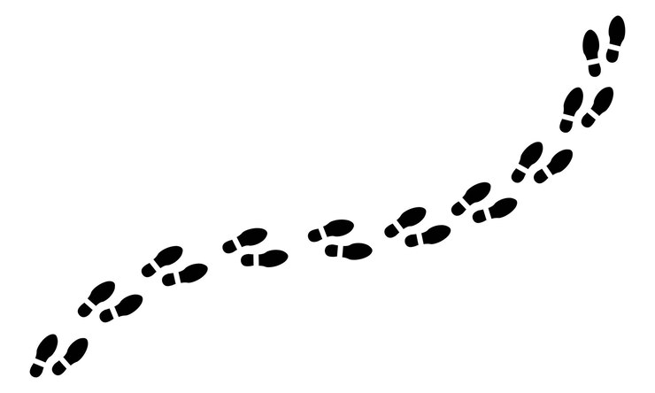 Vector conjunto de sendero de pie. Caminos de huellas de paso. Conjunto de iconos de huellas humanas. Ilustración de vector de impresión de pie con zapatos descalzos e impresión de bota. Imagen de silueta de huella.