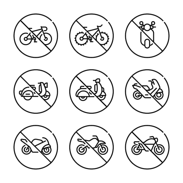Vector de conjunto de símbolos de motocicleta de prohibición vector de grupo de símbolos de señales de motocicleta no