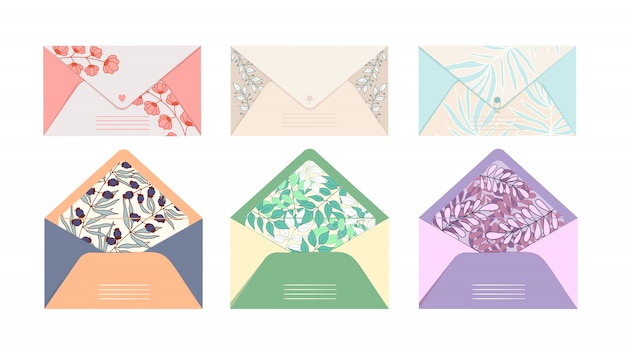 Vector conjunto de sobres de correo vie postales para cartas con estampado floral hermoso en un blanco aislado