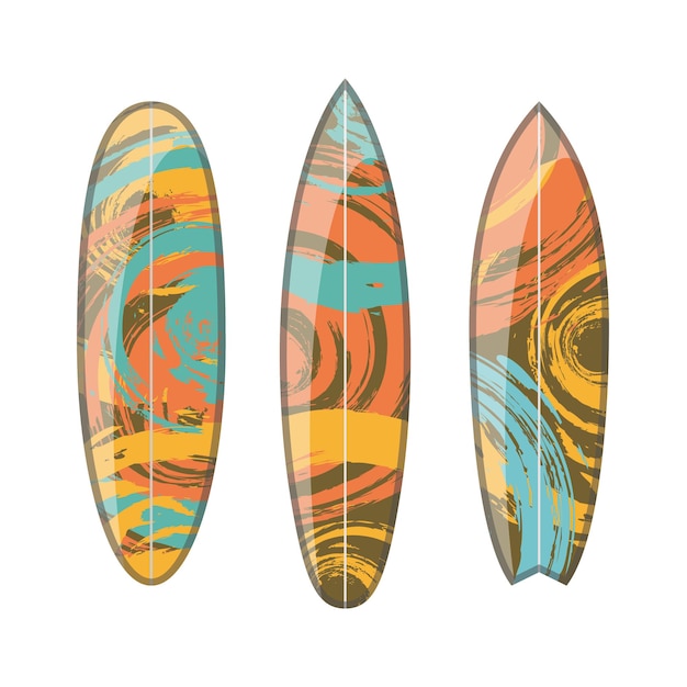 Vector conjunto de tablas de surf coloridas decoradas. Diferentes formas y tipos aislados sobre fondo blanco. Colección de diseño de estampados de tablas de surf.