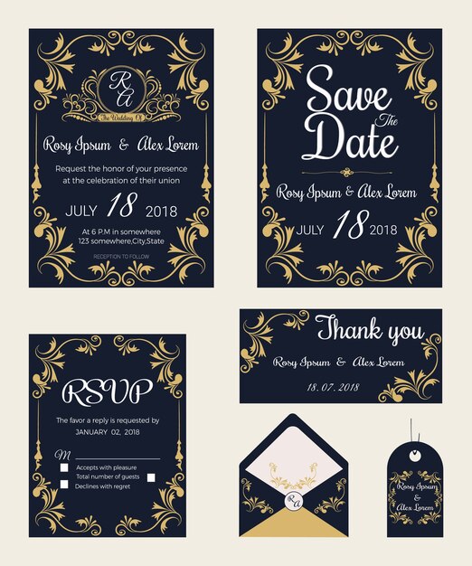 Vector conjunto de tarjetas de invitación con elementos Colección de boda