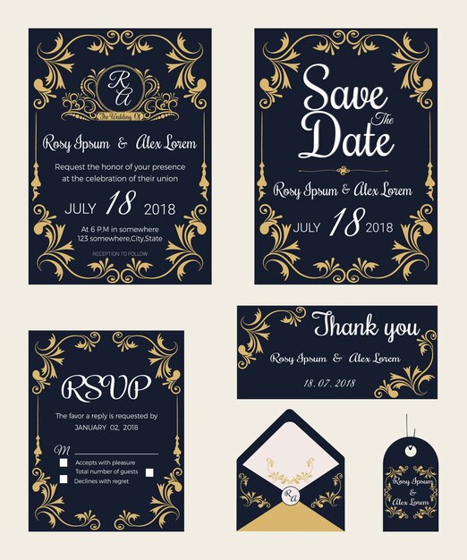 Vector conjunto de tarjetas de invitación con elementos colección de boda