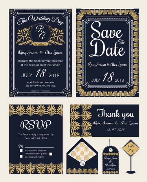 Vector conjunto de tarjetas de invitación con elementos Colección de boda