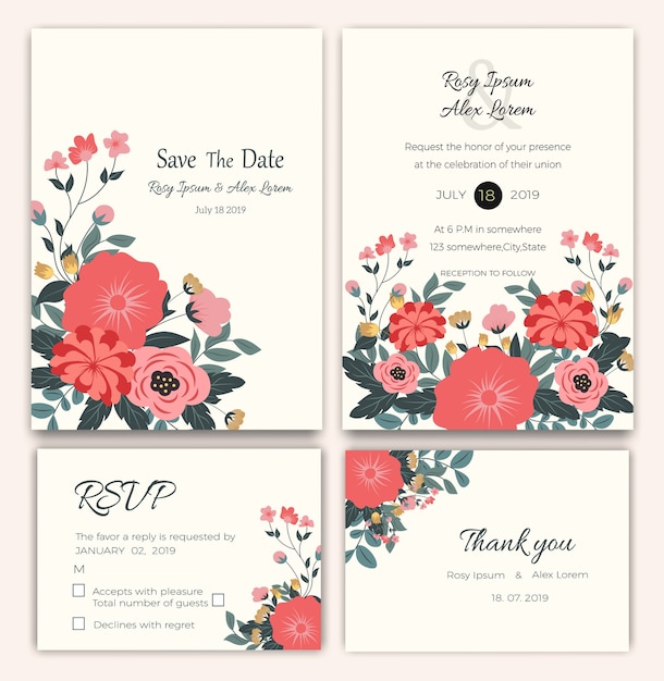 Vector conjunto de tarjetas de invitación con elementos de flores colección de bodas
