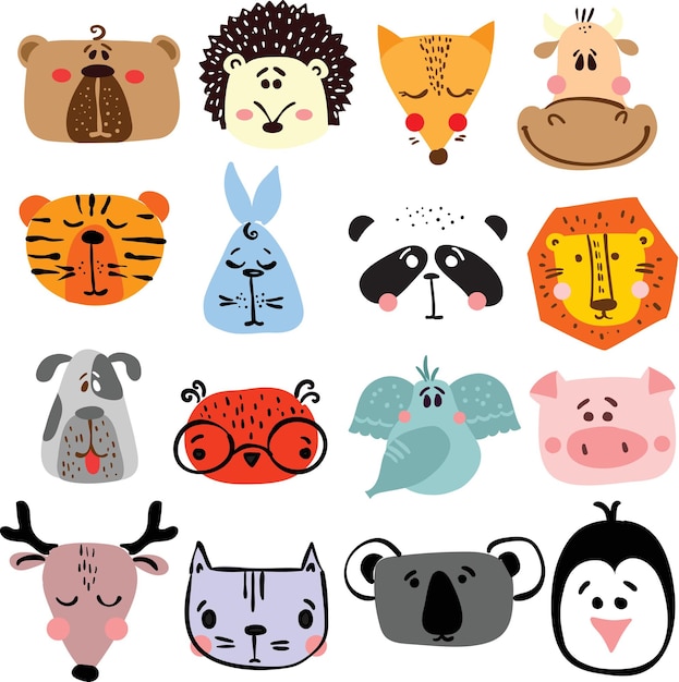 Vector conjunto de tarjetas con lindas caras de animales felices para interiores de niños, pancartas y carteles.