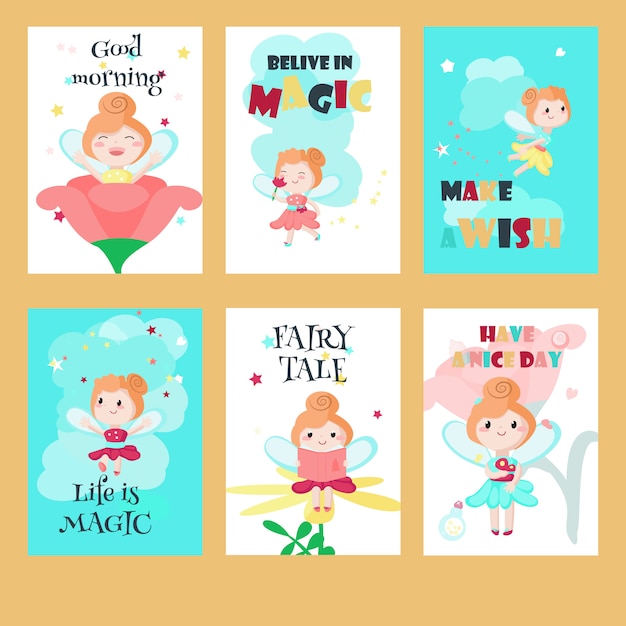 Vector conjunto de tarjetas con lindas pequeñas hadas