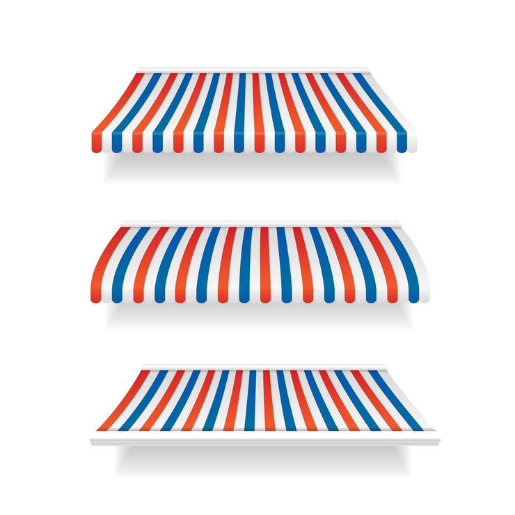 Vector vector de conjunto de tiendas de campaña de toldo a rayas 3d realistas y detalladas