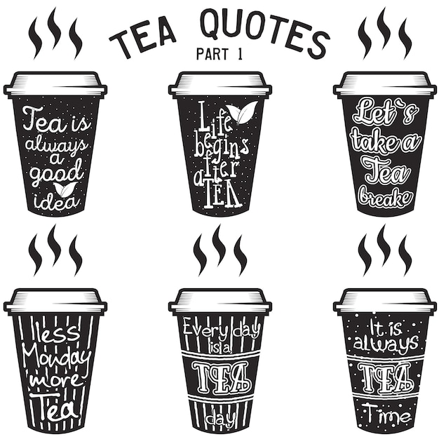 Vector conjunto de tipografía de citas y refranes de té