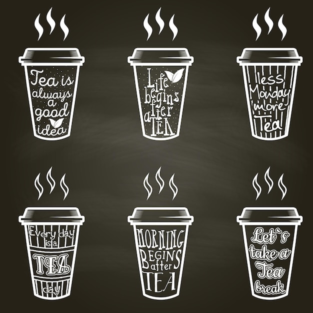 Vector conjunto de tipografía de citas y refranes de té