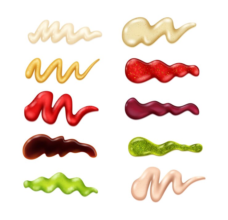 Vector vector de conjunto de tiras de salsa 3d detalladas y realistas que representan diferentes