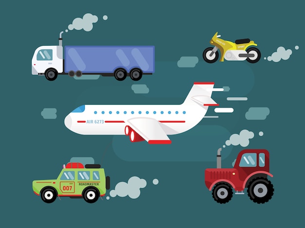 Vector conjunto de transporte para el diseño libre. Cer, camión, avión, bicicleta