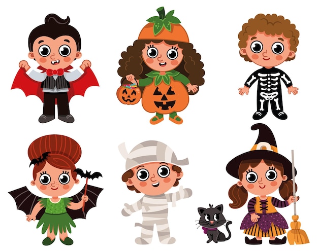 Vector conjunto de tres niños y tres niñas vestidos con disfraces de Halloween