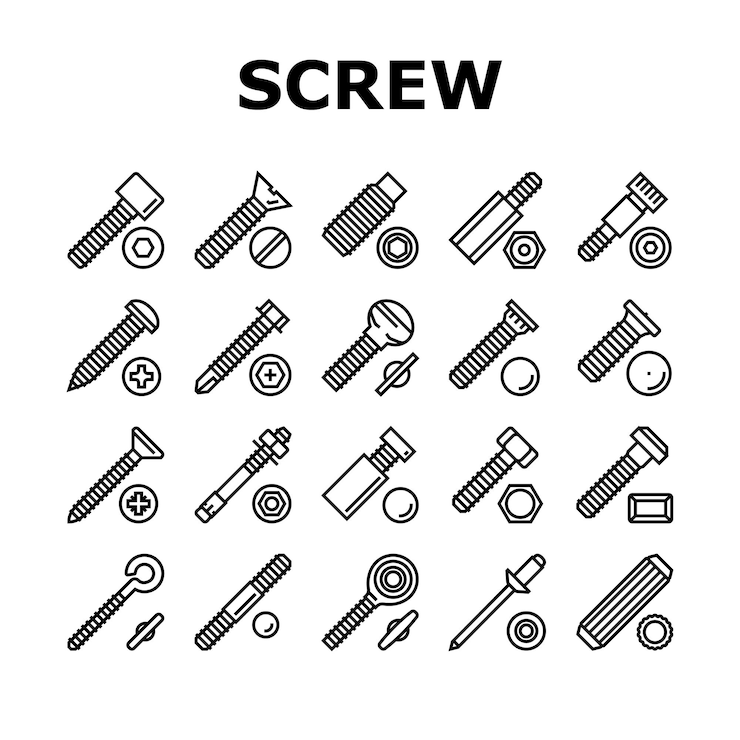Vector vector de conjuntos de iconos de accesorios de construcción de tornillos y pernos