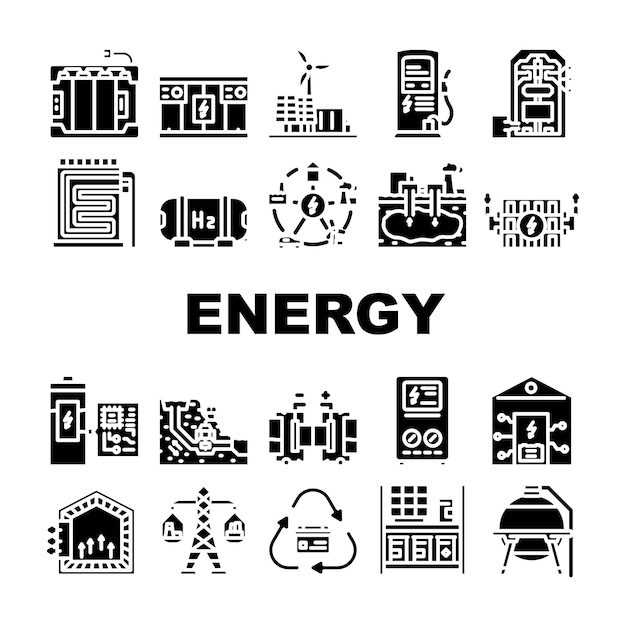 Vector de conjuntos de iconos de baterías de almacenamiento de energía