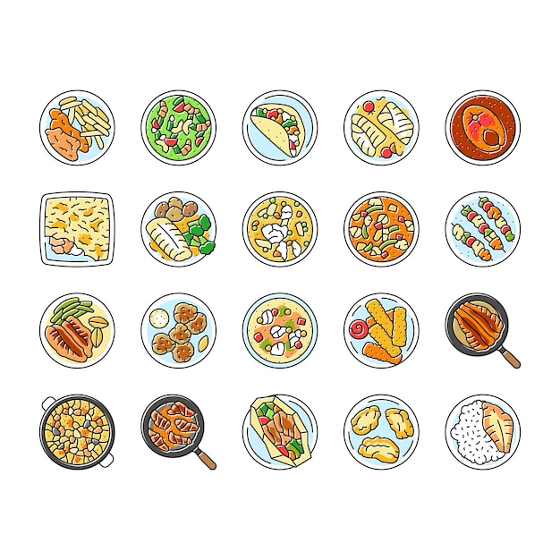 Vector de conjuntos de iconos de platos de pescado