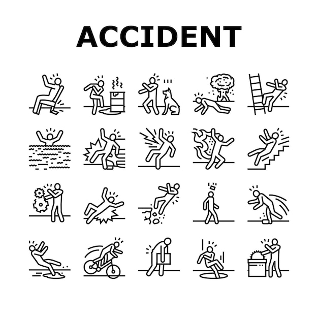 Vector de conjuntos de íconos de riesgo para la seguridad del hombre en caso de accidente y lesión