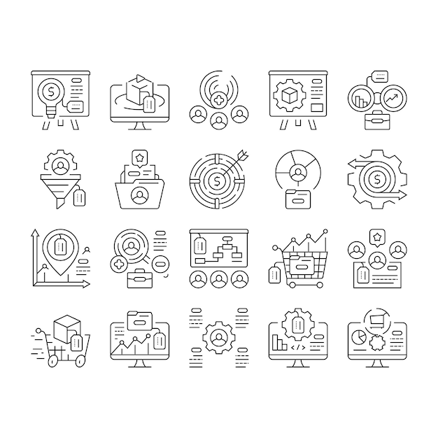 Vector de conjuntos de iconos de servicio de ingeniero técnico de ventas