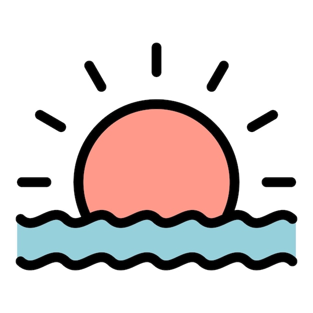 Vector de contorno del icono del amanecer del mar puesta de sol de la playa paisaje del cielo del sol color plano
