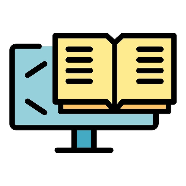 Vector de contorno de icono de libro digital Webinar en línea Pantalla de entrenamiento de color plano