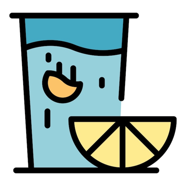 Vector de contorno de icono de limonada de vidrio Paja de limón Beber agua color plano