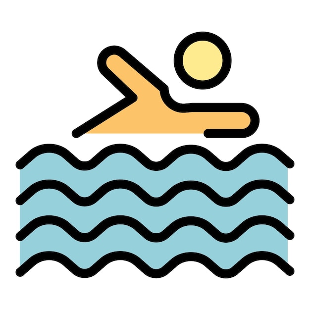 Vector de contorno del icono de natación en el océano Color plano del chaleco de protección contra el agua de seguridad