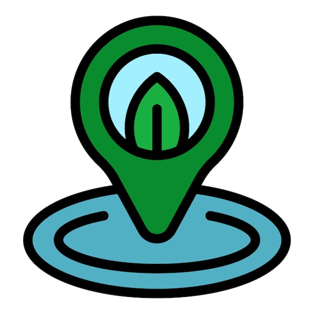 Vector de contorno del icono de ubicación de la planta ecológica Tecnología de hojas Cuidado científico Color plano