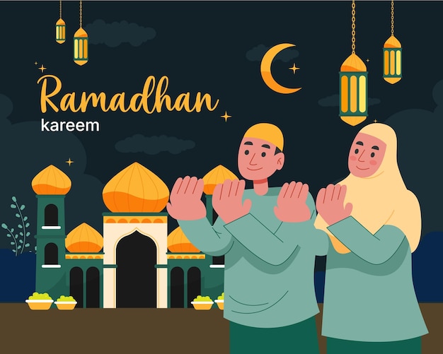Vector de cónyuge musulmán con postura de oración para celebrar el Ramadán Kareem frente a la mezquita